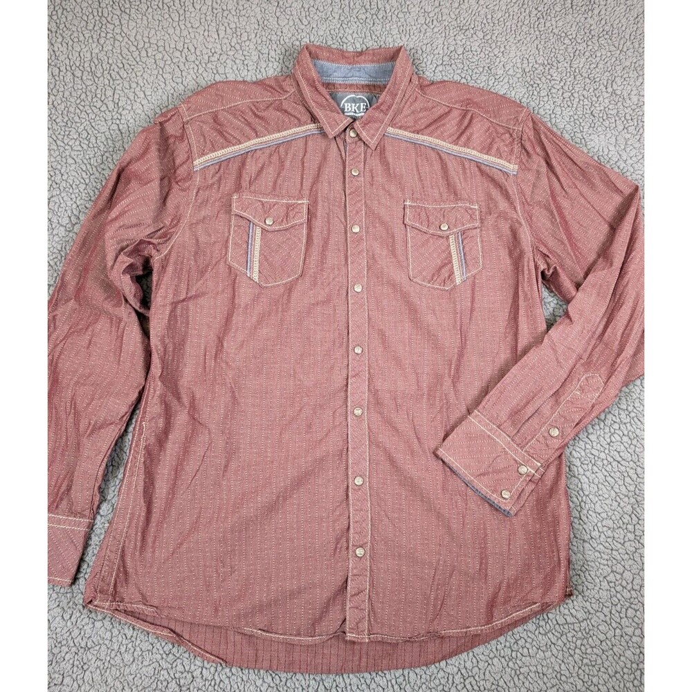 BKE Vintage Embroidered Mens Shirt Red Long Sleeve Pearl Snap XL Athletic Fit